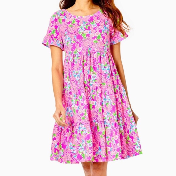 Lilly Pulitzer Dresses & Skirts - NEW Lilly Pulitzer Jodee Swing Dress Amethyst Size Small Floral Tiered Ruffles